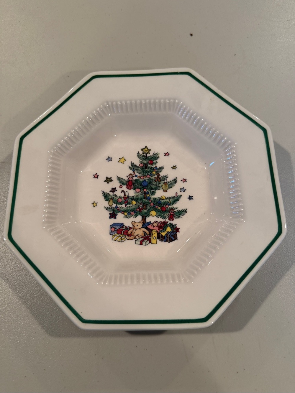 Nordic Ware White Octagonal Serving Bowl with Green Trim and Festive Tree